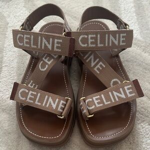 Celine Logo Jacquard Webbing Flat Sandals — Brown/Beige